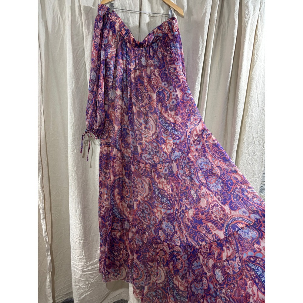 ASOS DESIGN Curve Paisley Off Shoulder Tiered Maxi Dress Purple Orange US 26
